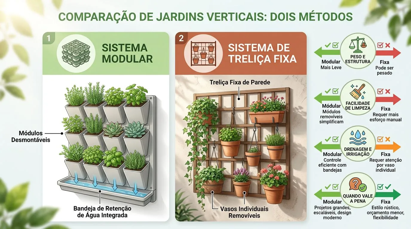 Comparativo visual entre sistemas de horta vertical modular e fixo.
