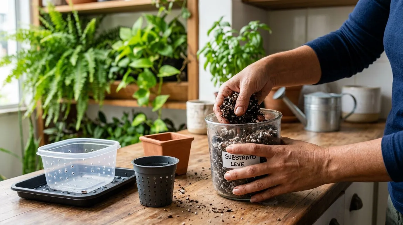 Substrato leve e drenável e recipientes com furos para horta vertical.