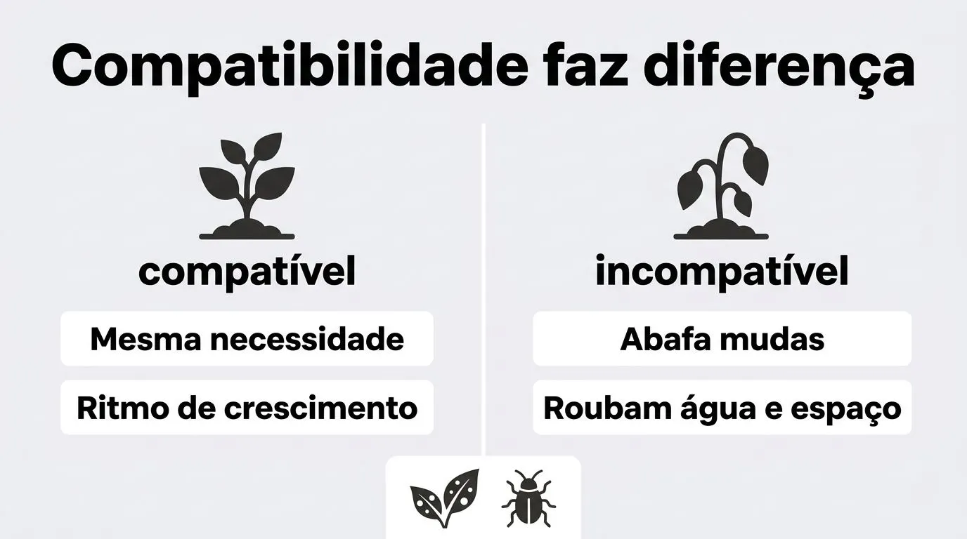 Comparativo visual entre plantas compatíveis e plantas que competem na horta vertical.