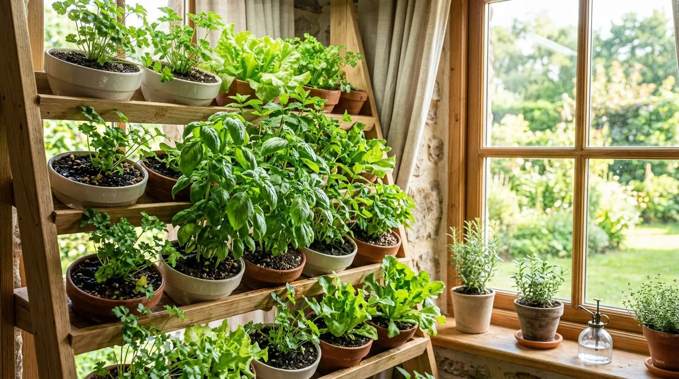 Horta vertical posicionada em local bem iluminado com folhas saudáveis.
