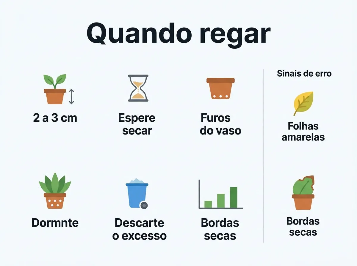 Infográfico com passos para regar clorofito quando o substrato seca e sinais de excesso ou falta.