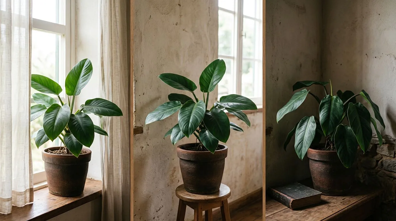 Pacová em diferentes posições na sala para comparar luz indireta e baixa claridade.