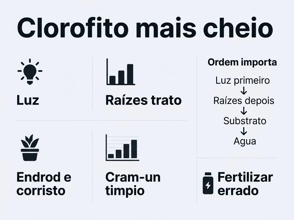 Infográfico checklist para deixar o clorofito mais cheio, na ordem certa de ajustes.