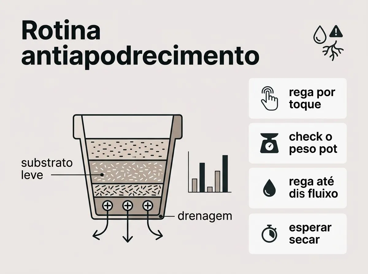 Checklist visual de substrato, rega e drenagem para evitar apodrecimento no pacová.