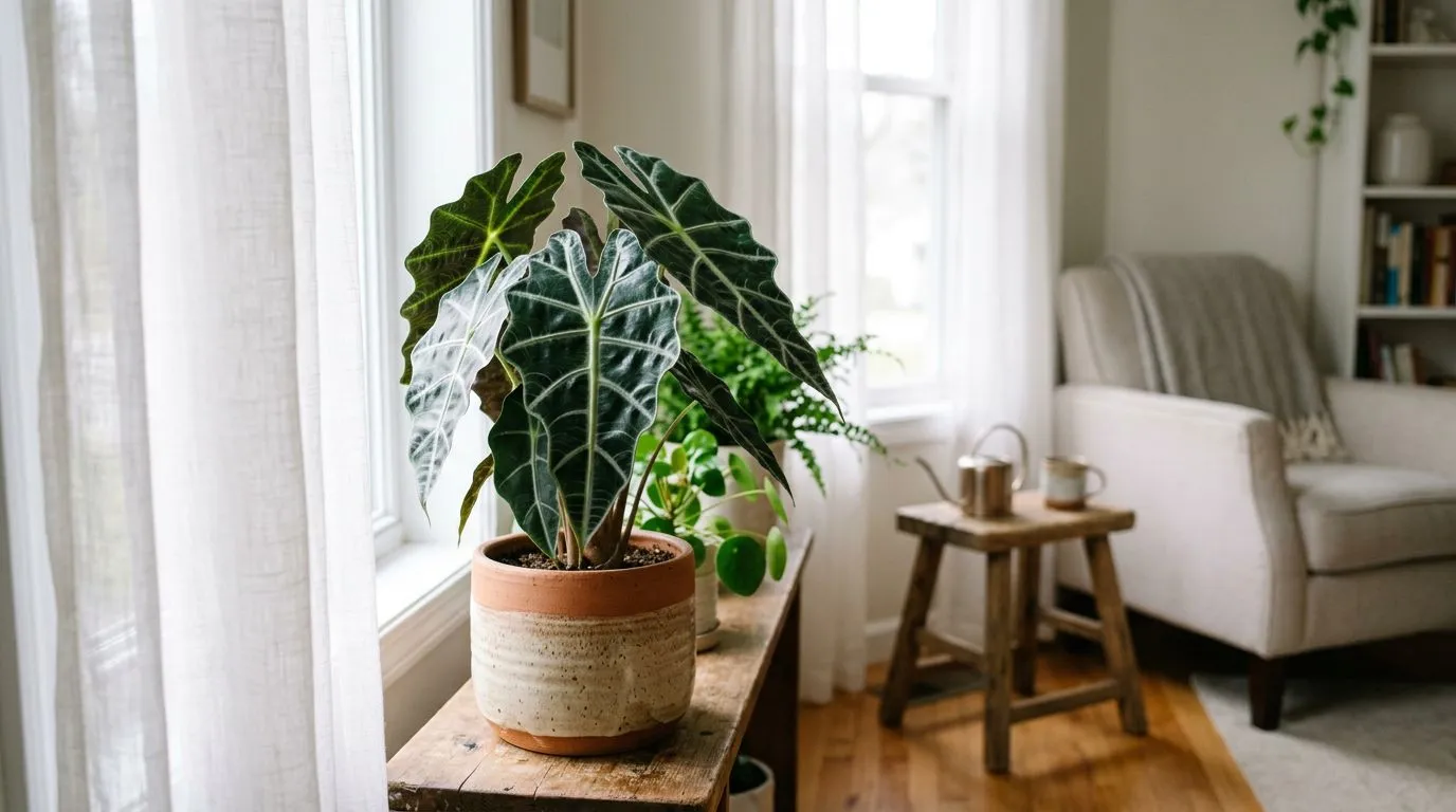 Alocasia recebendo luz indireta em janela com cortina fina