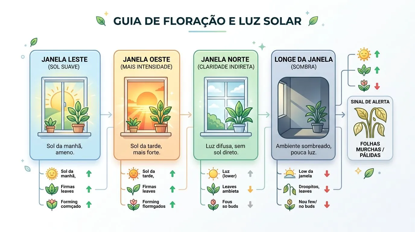 Infográfico com opções de posição dentro de casa e sinais visuais ligados à luz para a flor-de-cera florescer.