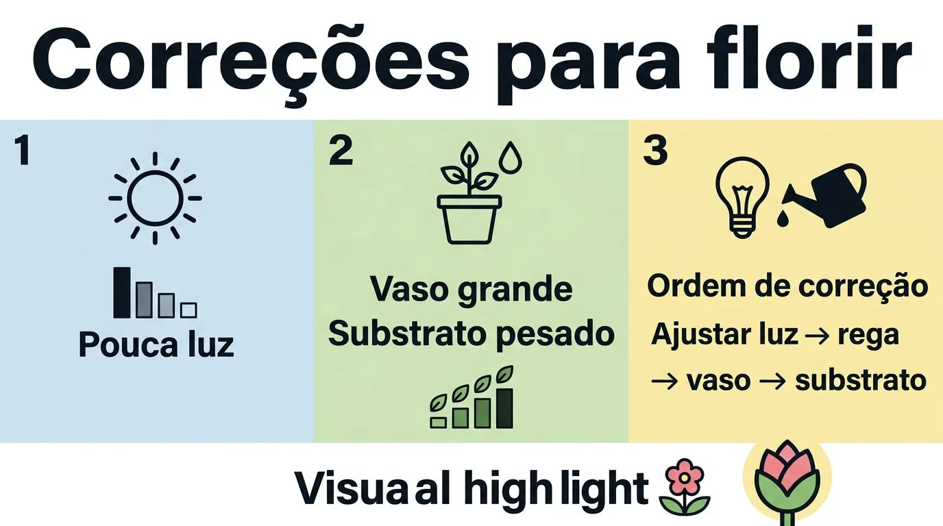 Comparativo de causas comuns da falta de flores e a ordem de correção para ajudar a flor-de-cera a formar botões.