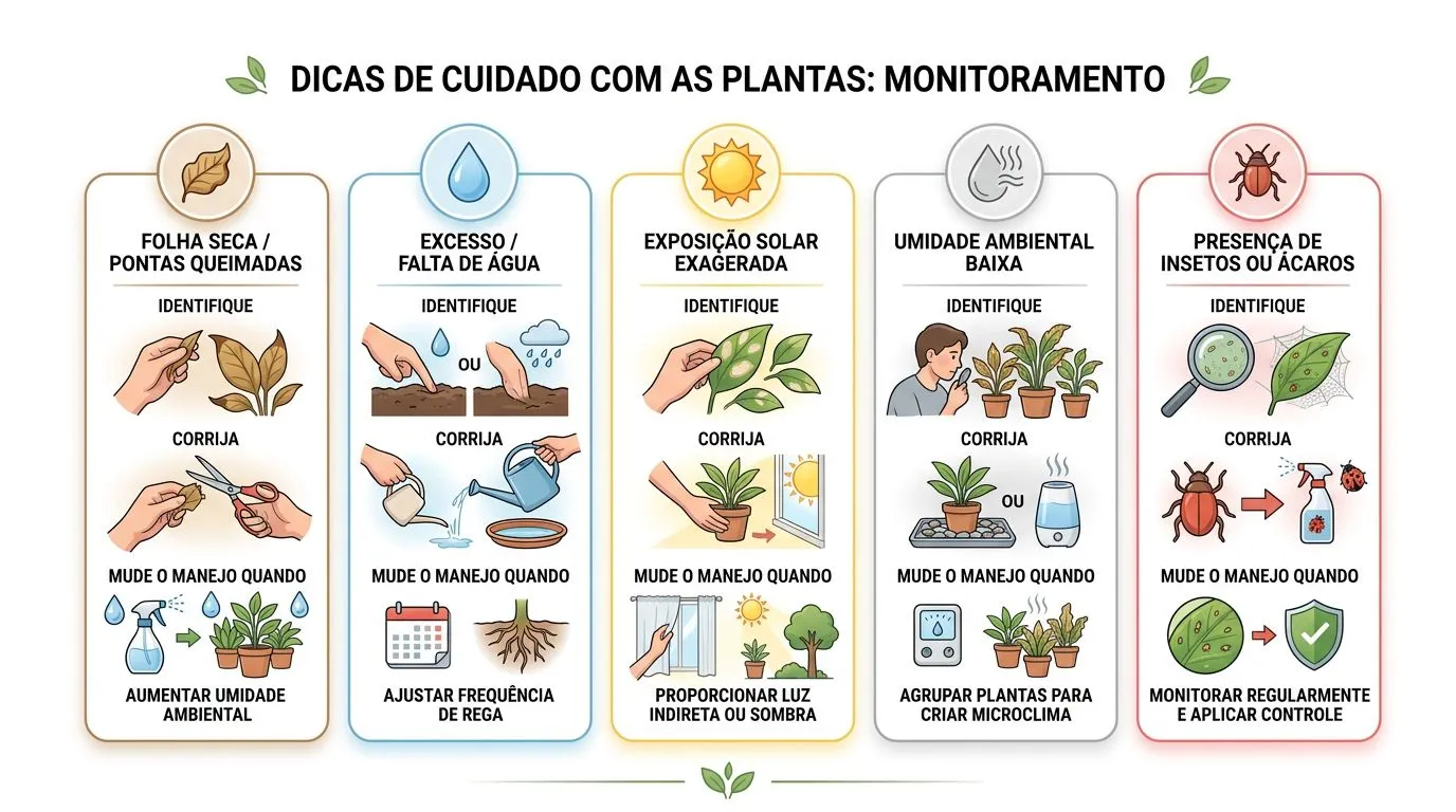 Comparação visual de causas comuns de pontas marrons e ações para a dracena marginata