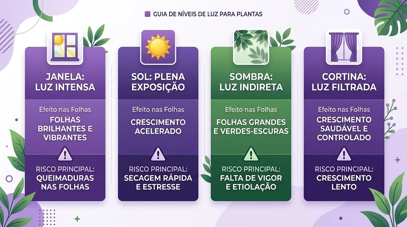Comparativo visual de condições de luz para manter a coloração roxa da tradescantia zebrina dentro de casa.