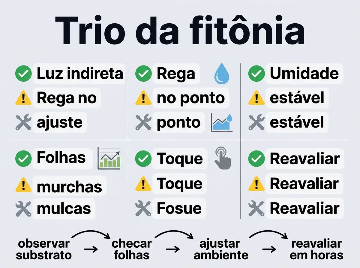 Infográfico com luz indireta, rega no ponto e umidade para cuidar da fitônia