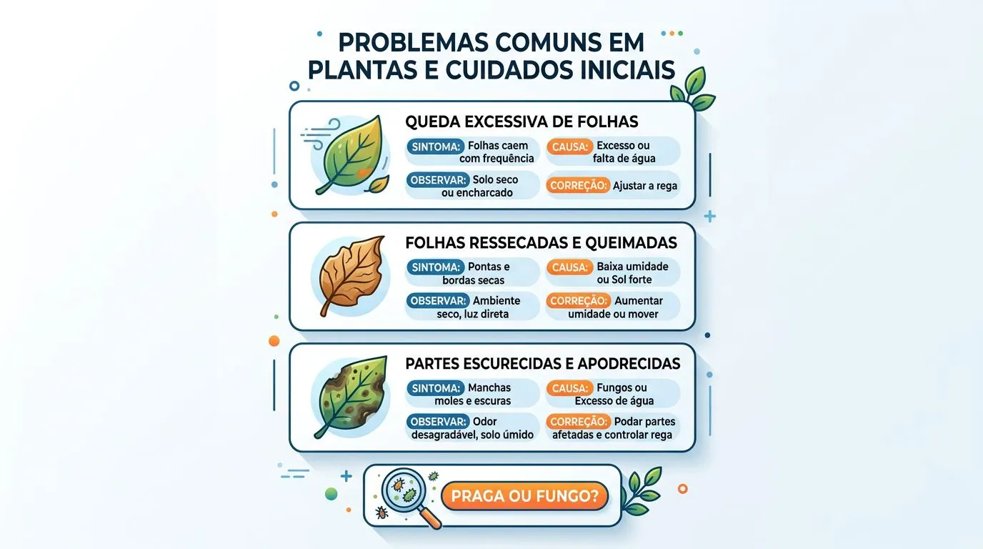 Infográfico com sintomas de estresse e primeira correção para columeia peixinho, separando ressecamento de apodrecimento.