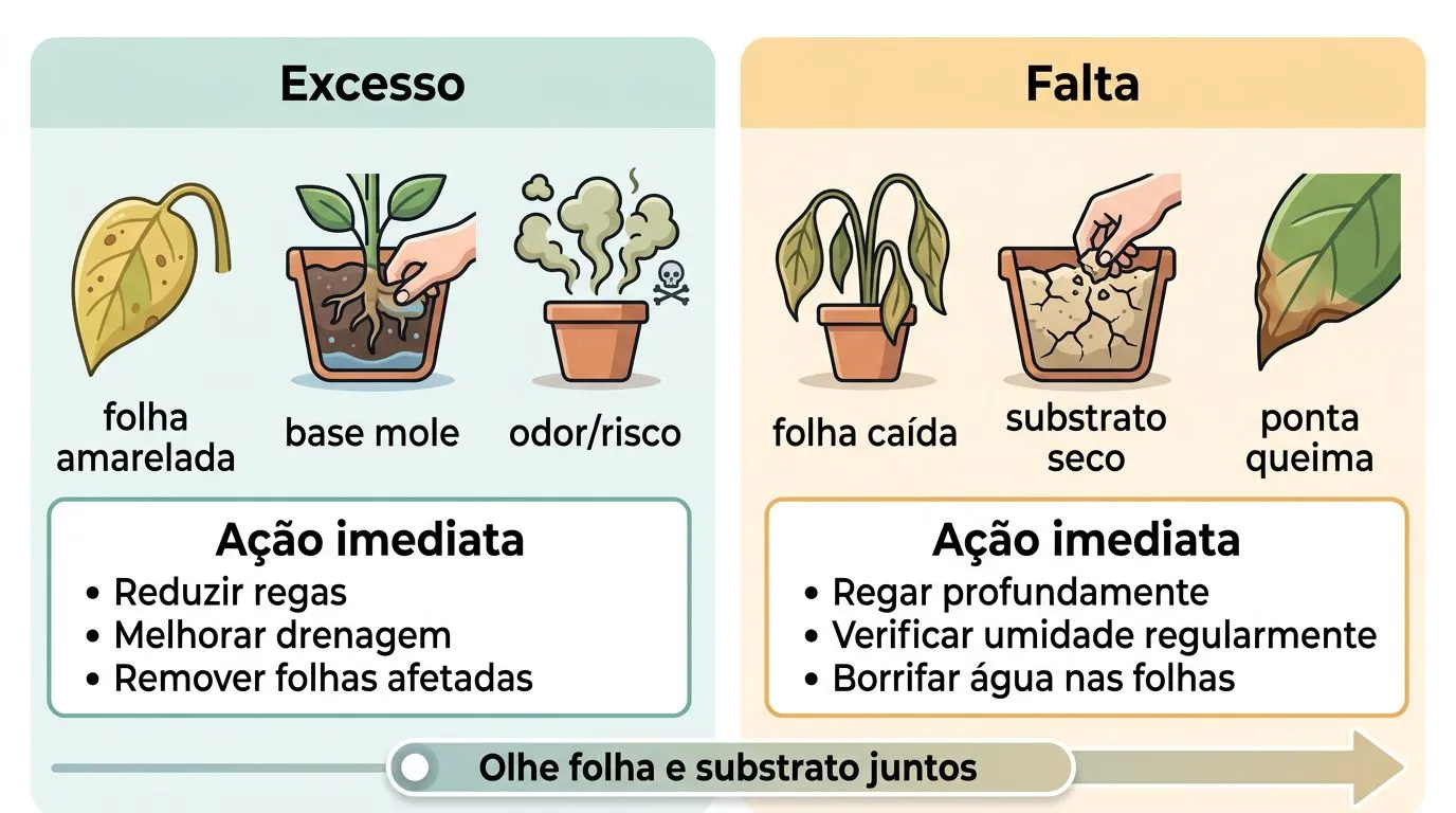 Infográfico comparando sinais de excesso e de falta de água na aspidistra