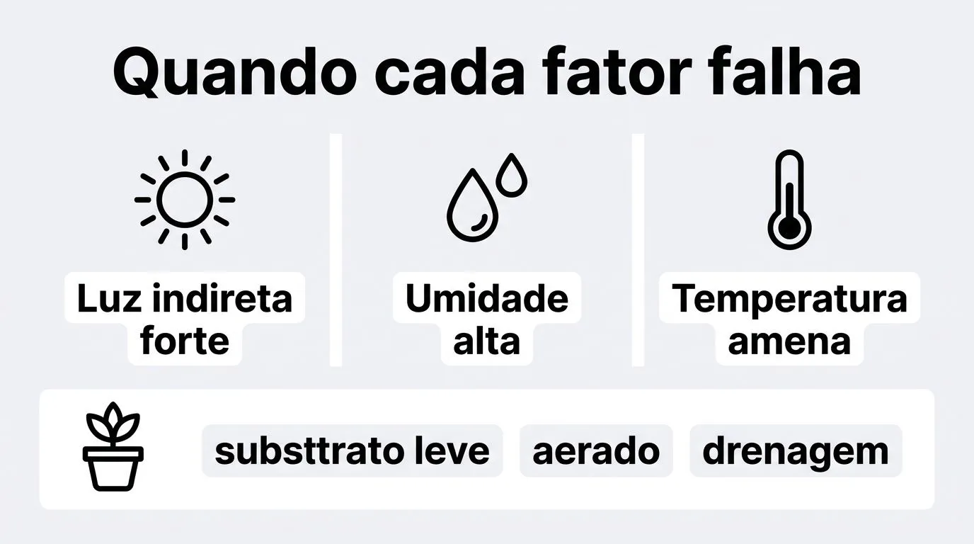 Comparativo visual dos fatores ideais para columeia peixinho: luz indireta forte, umidade, temperatura e substrato aerado.