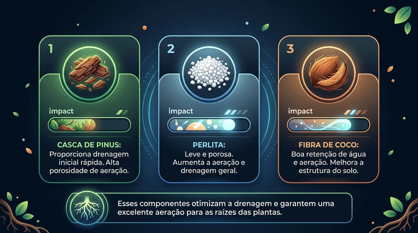 Comparação visual de componentes do substrato para drenagem e aeração no filodendro birkin.