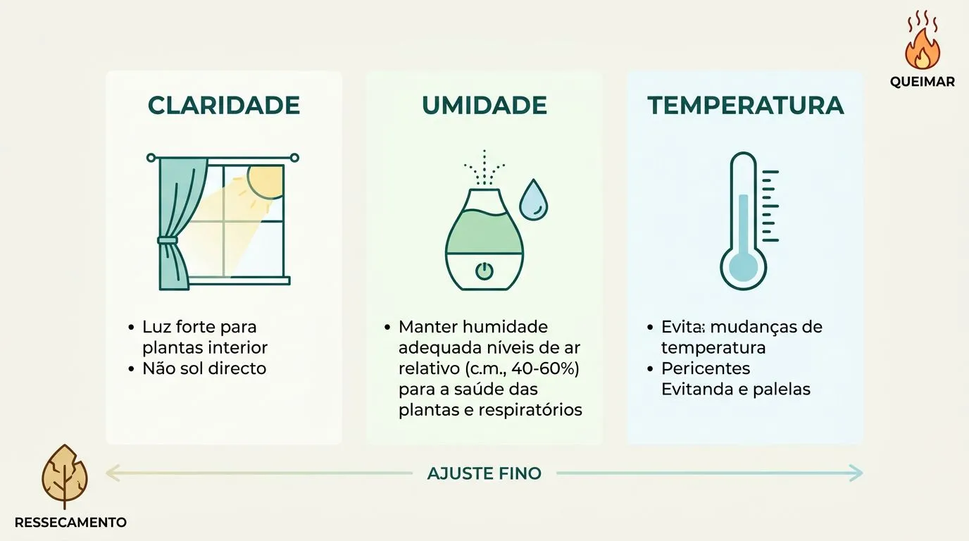 Infográfico com ícones de janela, umidade e temperatura para posicionar a maranta tricolor com claridade filtrada e ar estável.