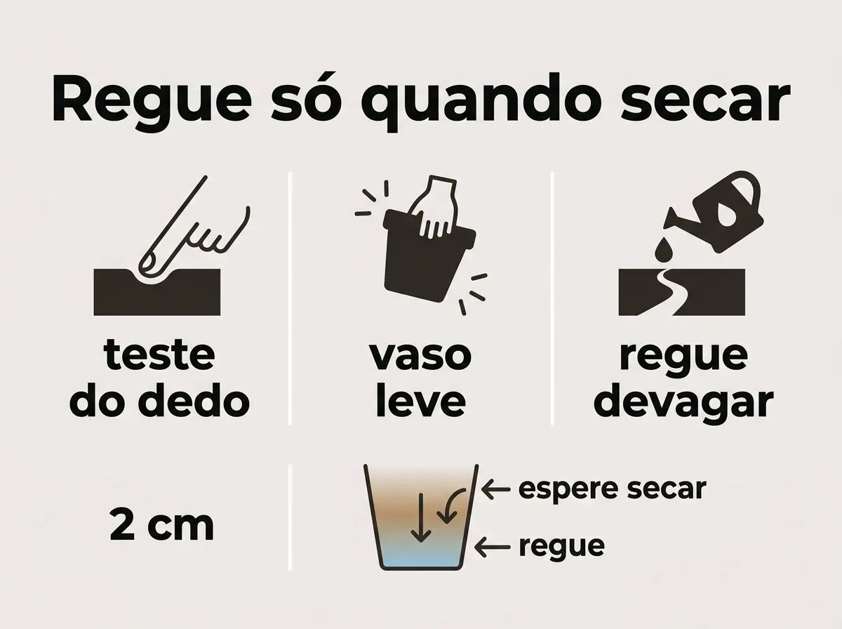Infográfico com passos para regar peperômia melancia sem encharcar: teste do dedo, profundidade de 2 cm e sinais de quando o vaso está leve.