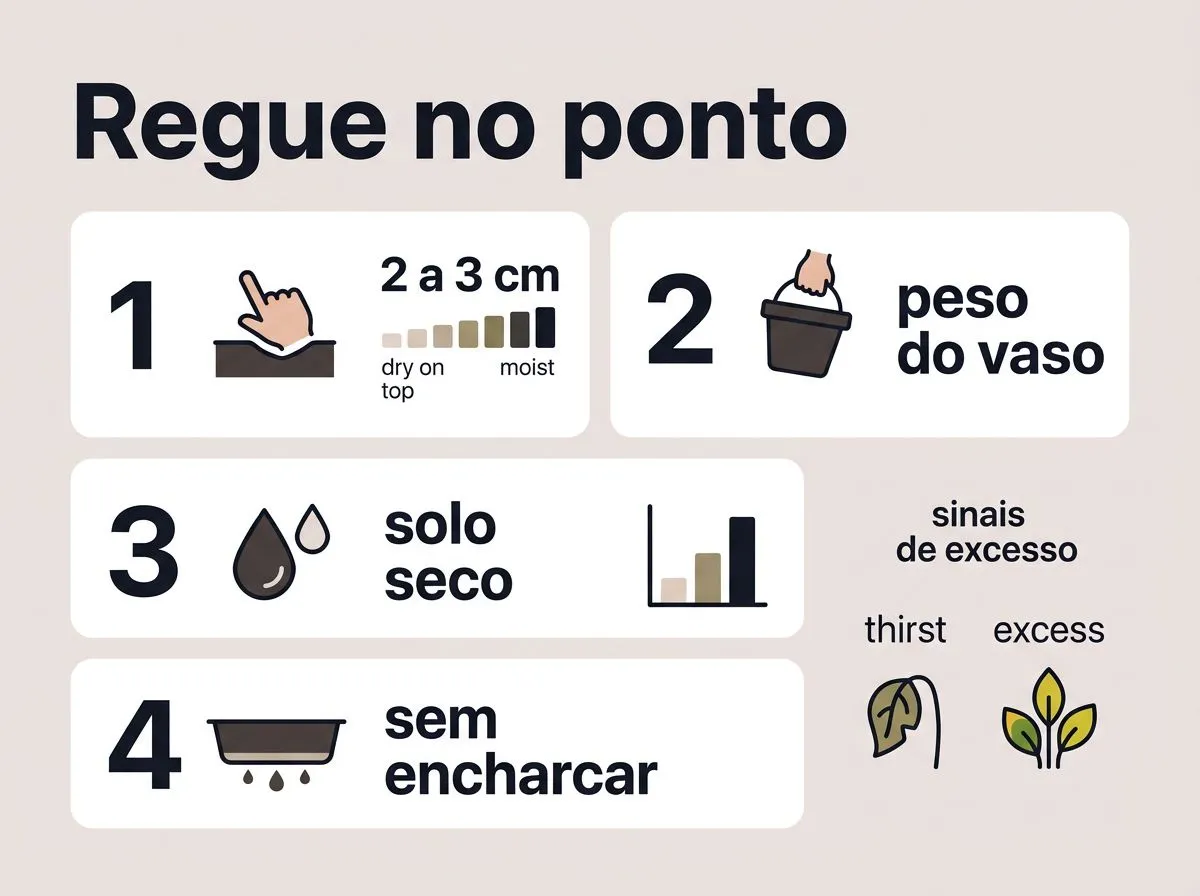 Infográfico com passos para regar maranta tricolor, checando os 2 a 3 cm de cima e o peso do vaso antes de molhar.