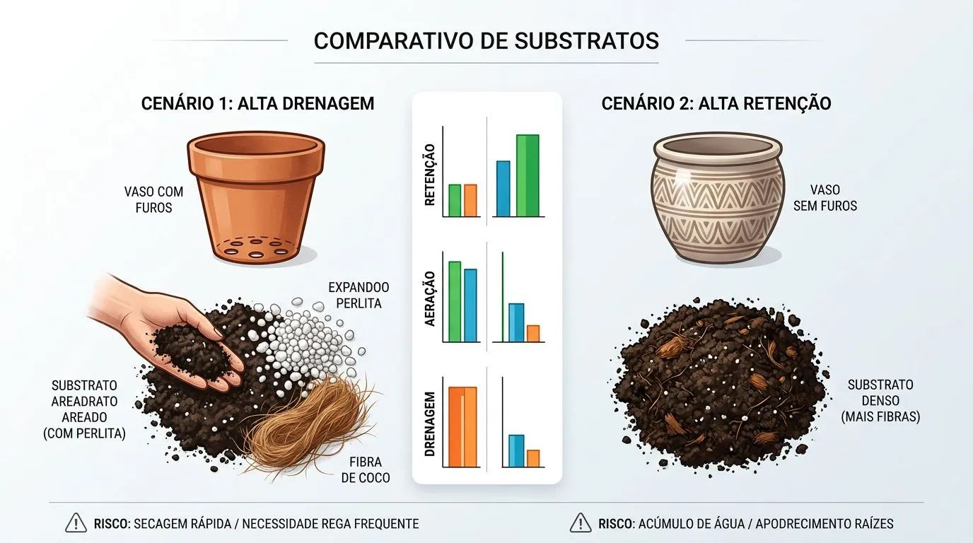 Comparativo visual entre combinações de vaso com furos e substrato leve versus opções que dificultam a drenagem, mostrando menor risco de apodrecimento.