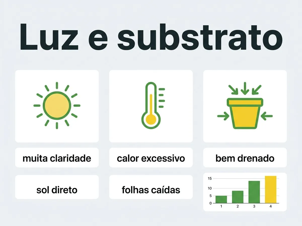 Infográfico com blocos sobre claridade, sol direto, calor excessivo e substrato bem drenado para boca-de-leão em vaso.