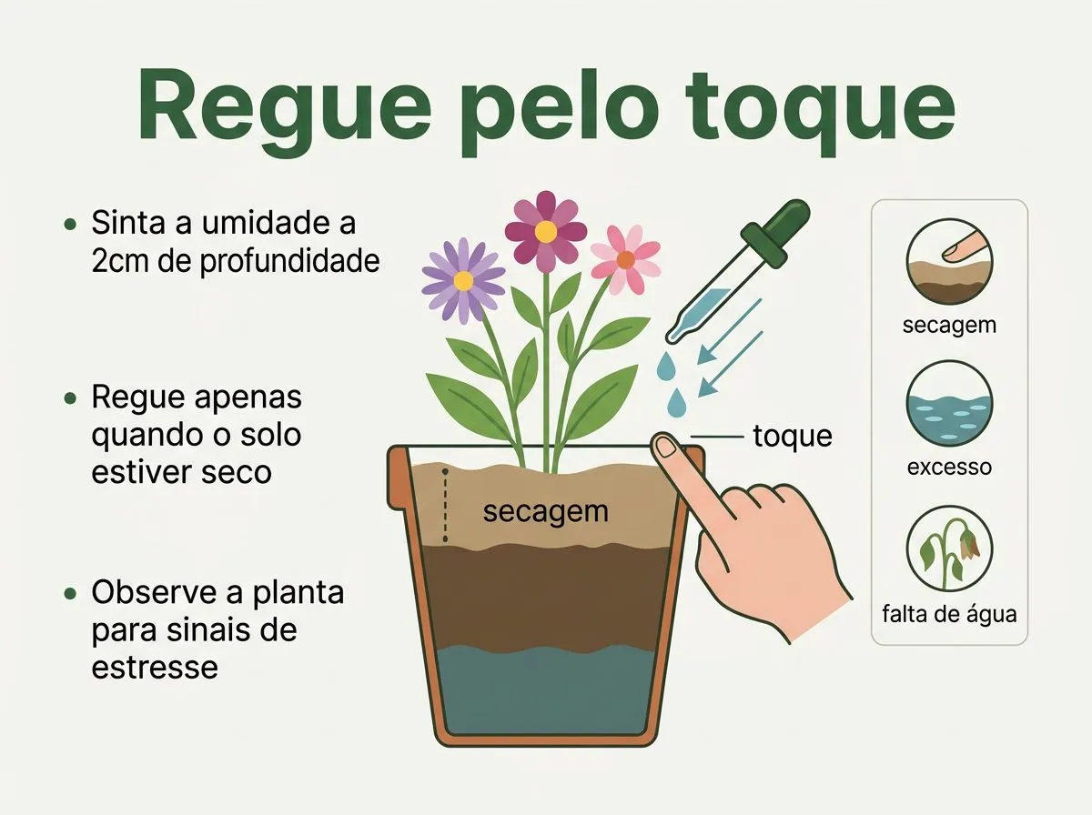 Ilustração de controle de rega da cravina com dedo tocando o substrato e ícones de excesso e falta de água.