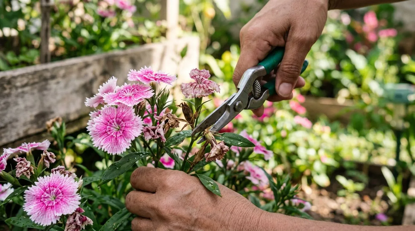 Poda de cravina com remoção de flores murchas para estimular novos botões.