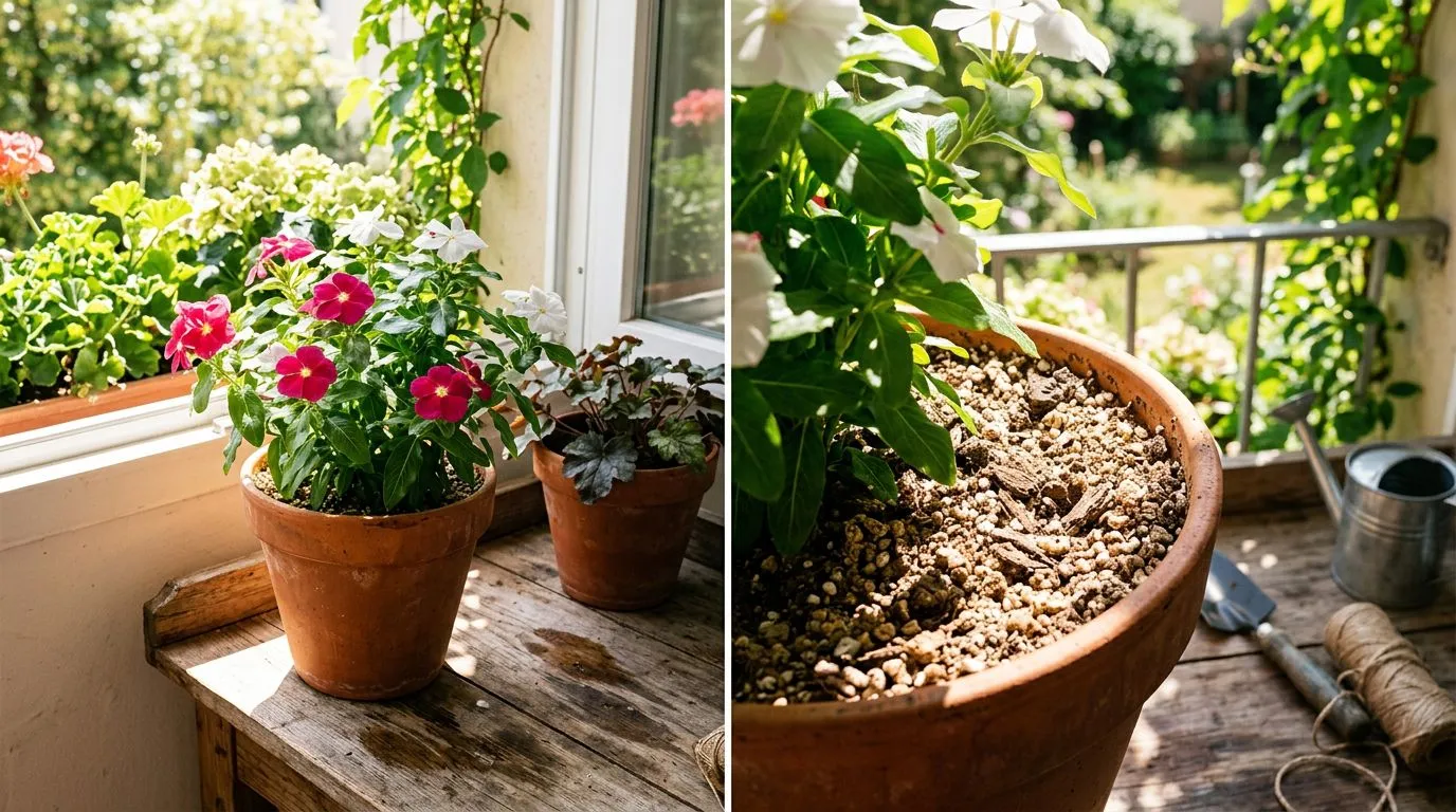 Vinca em vaso com boa luminosidade e substrato drenante