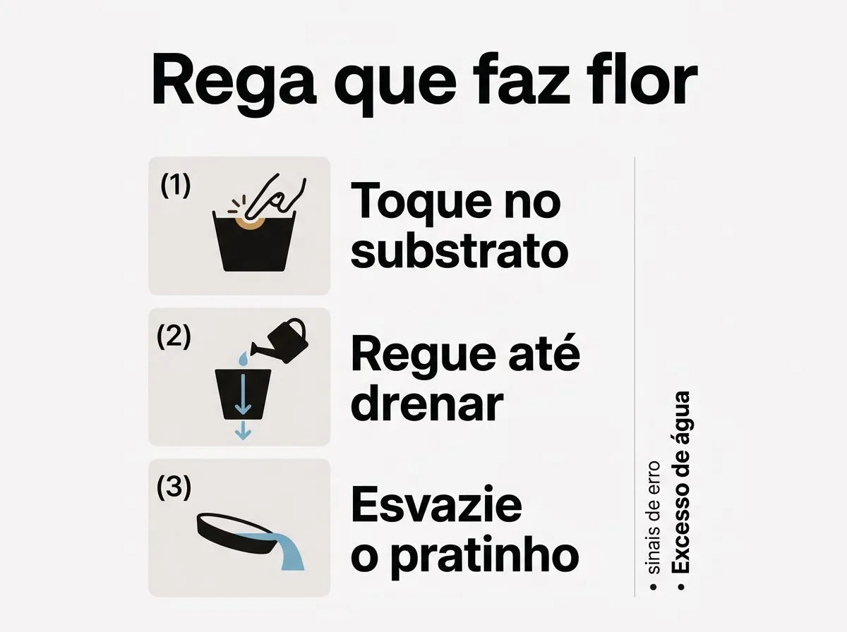 Infográfico com passos de rega correta para vinca em vaso