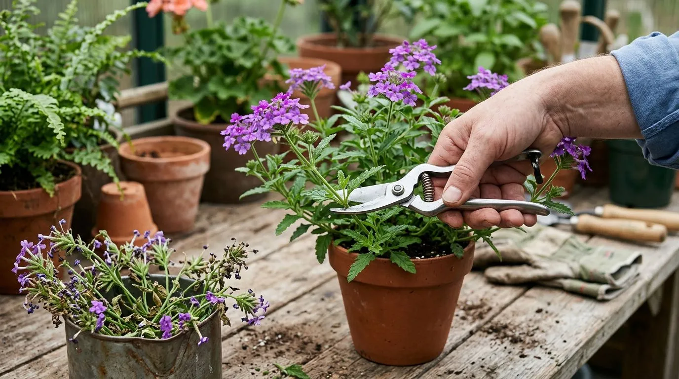 Poda da verbena em vaso com tesoura, removendo parte acima de um nó