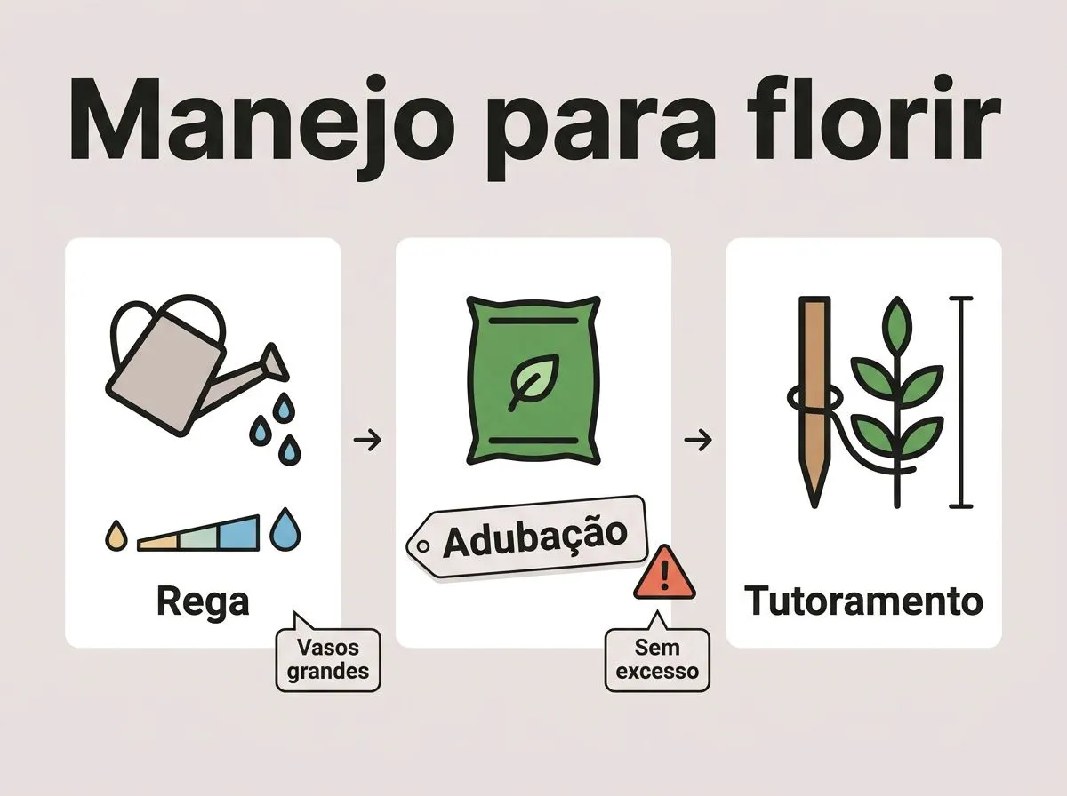 Infográfico com ícones mostrando rega, adubação e tutoramento para manter a dália forte em vaso.