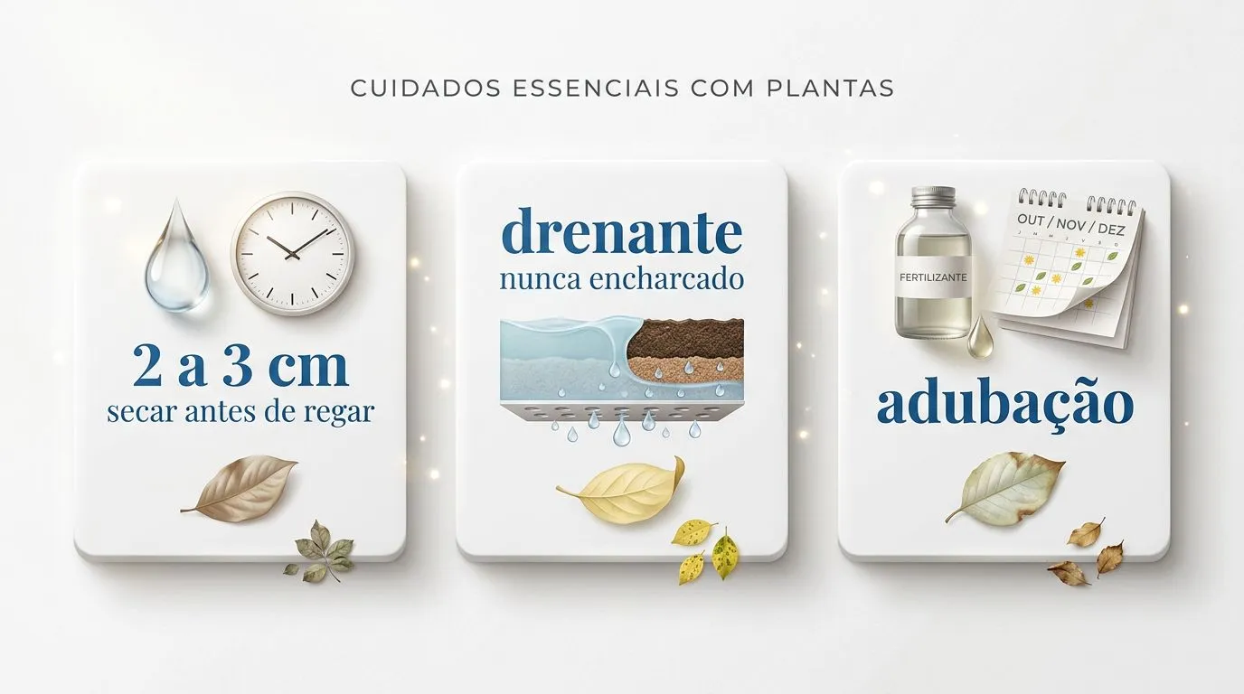 Diagrama com sinais e passos de rega, drenagem do solo e adubação para verbena em vaso
