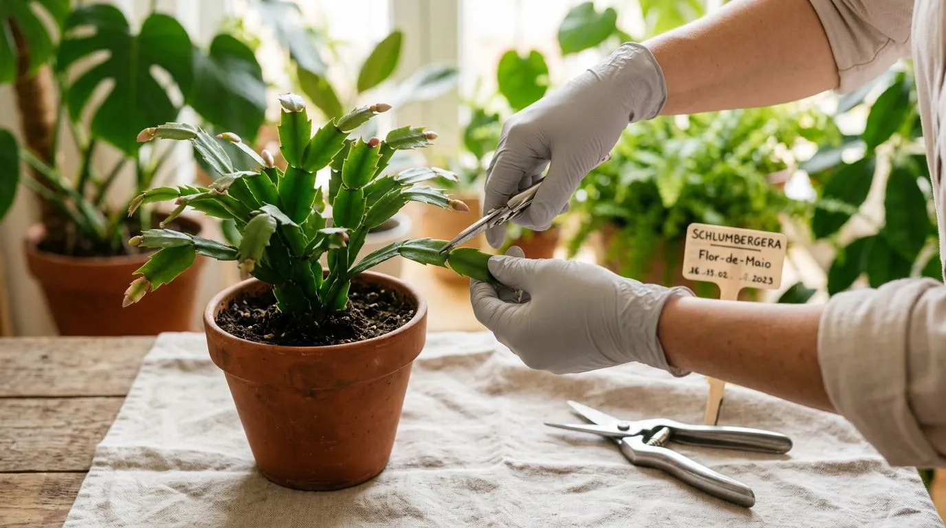 Poda cuidadosa da flor-de-maio após a floração, com tesoura limpa e foco nos segmentos.