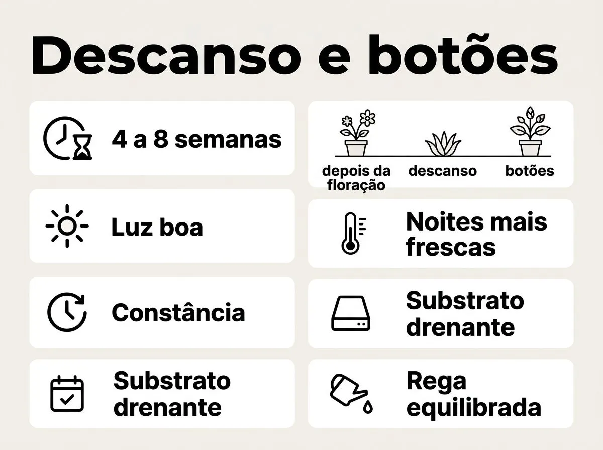 Infográfico mostrando duração do descanso (4 a 8 semanas) e fatores que estimulam novos botões da flor-de-maio.