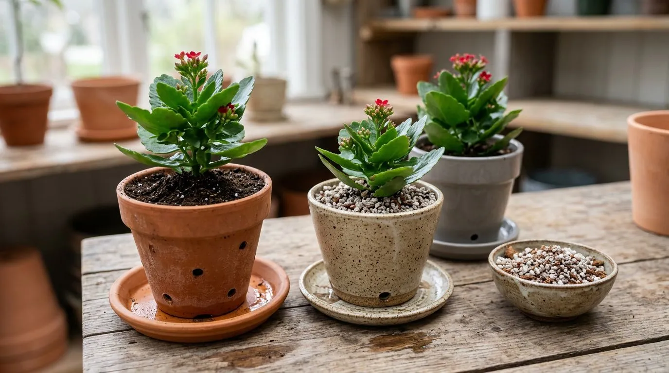 Comparação visual de vasos com drenagem e substrato areado para calandiva em ambiente interno.