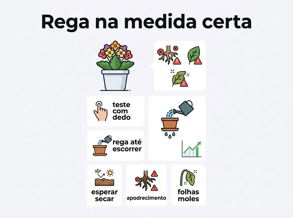 Infográfico com passos para regar calandiva: testar substrato, regar até escorrer e esperar secar.