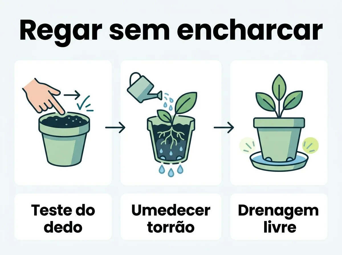 Infográfico mostrando como testar e regar a prímula sem encharcar