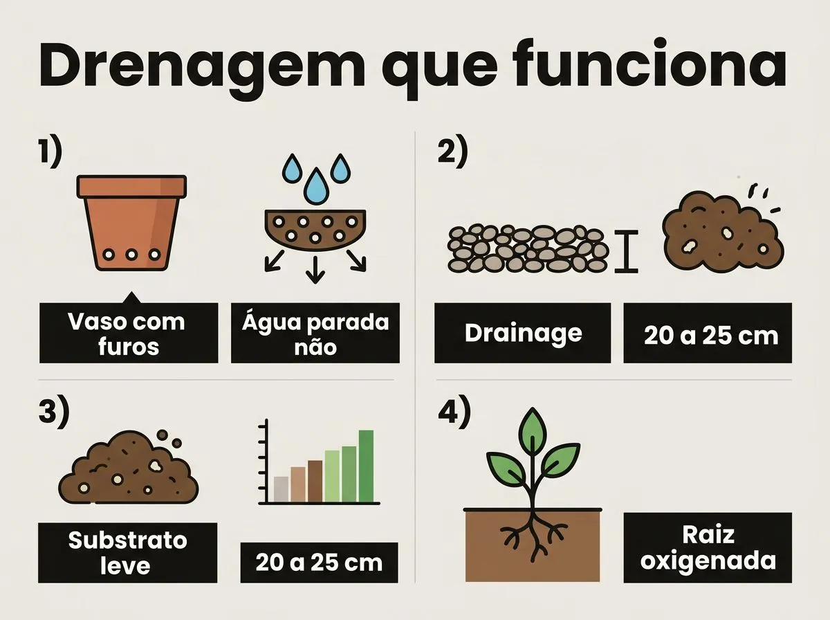 Infográfico mostrando como organizar vaso com furos, camada drenante e substrato leve para a celósia em vaso.