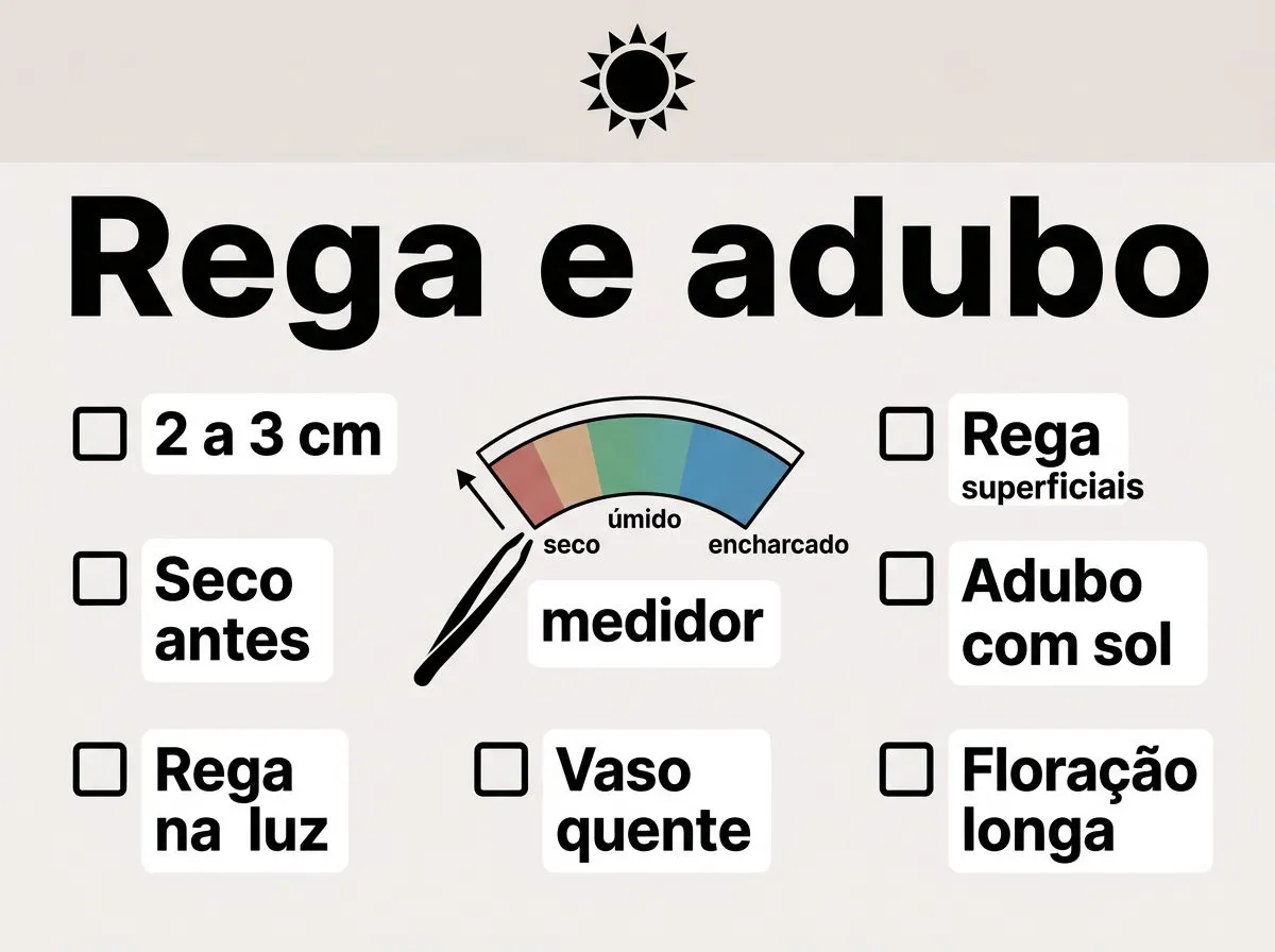 Infográfico com sinais para regar quando o topo do substrato estiver seco e adubar alinhado com o sol para prolongar a floração da celósia.