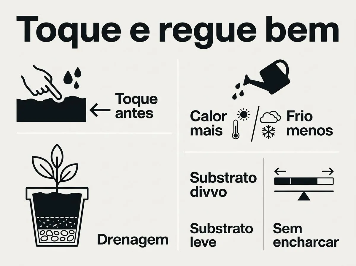 Infográfico com passos de rega, substrato leve e drenagem para margarida africana em vaso