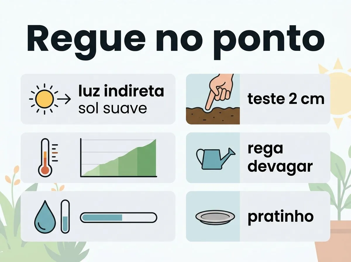 Infográfico com orientação de luz, temperatura e teste de umidade antes de regar o lisianto em vaso.
