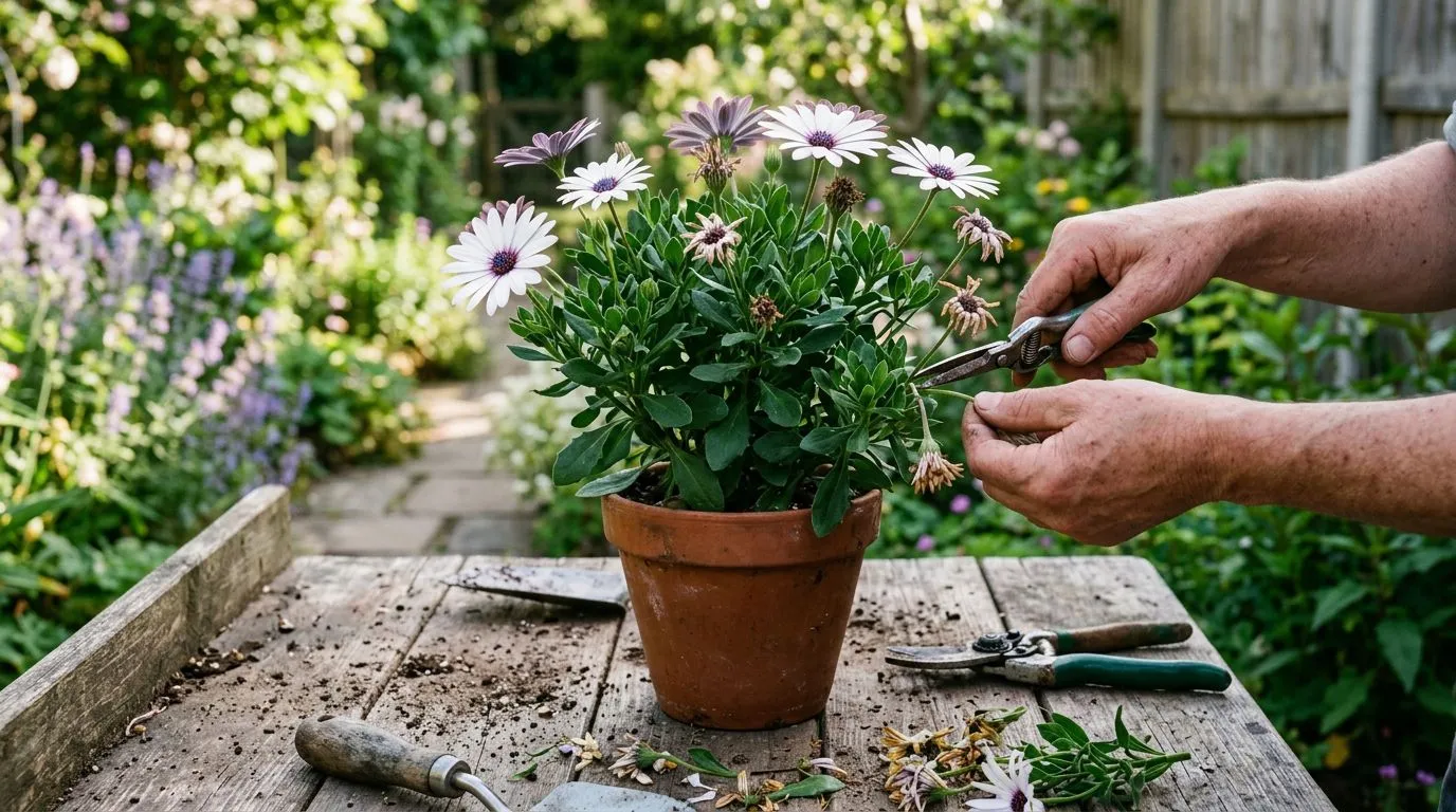 Retirada de flores secas e poda leve em margarida africana em vaso
