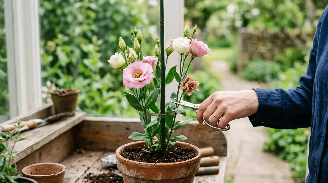 Manejo do lisianto em vaso: tutor leve e retirada de flores murchas para prolongar a floração.