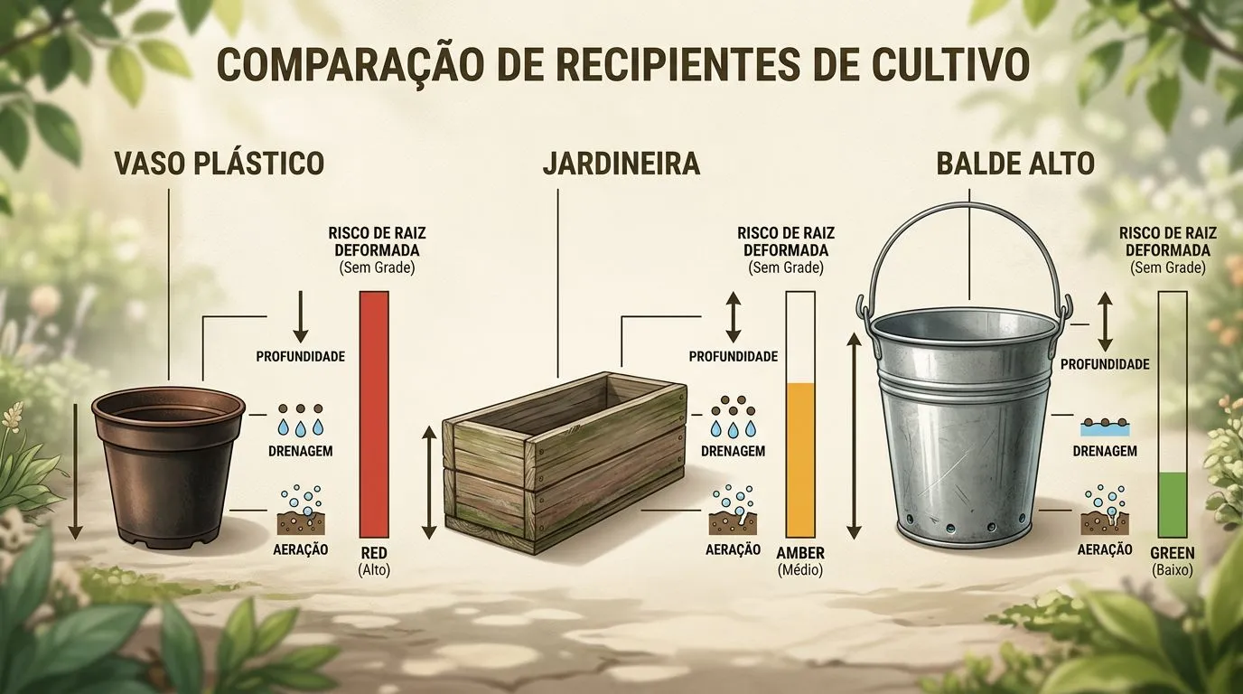 Comparativo visual de recipientes para beterraba em vaso, mostrando profundidade útil, drenagem e risco de deformação da raiz.