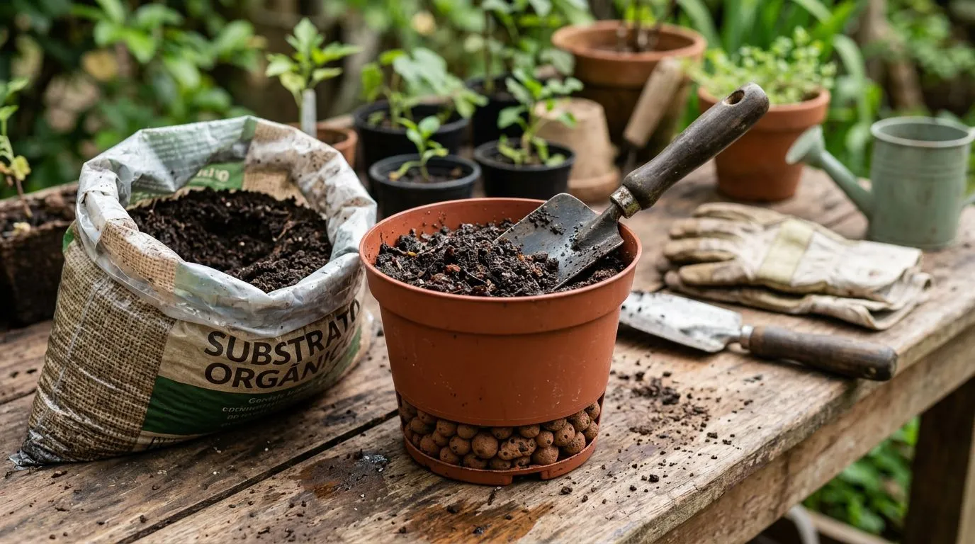 Camadas de drenagem e substrato preparadas em vaso com furos para plantar couve.