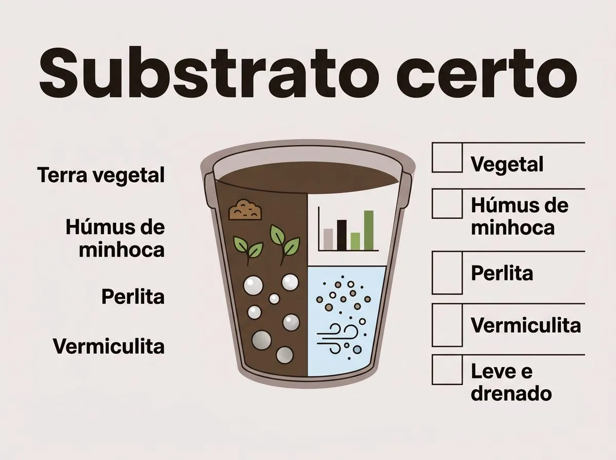 Ilustração em camadas mostrando como montar o substrato ideal para beterraba em vaso (solo, húmus e material de aeração).