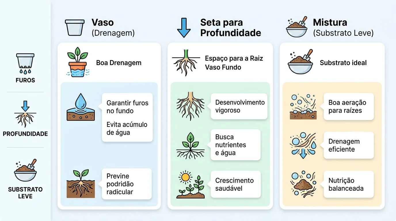 Infográfico com critérios de vaso, profundidade e substrato para rabanete em recipiente.