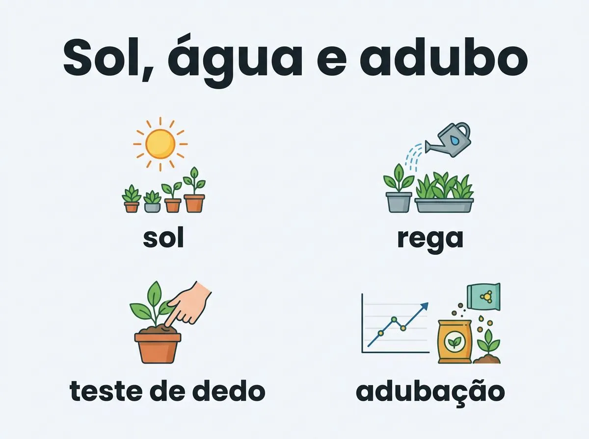 Diagrama com sol, teste de umidade do substrato e adubação para manter couve produtiva em vaso.