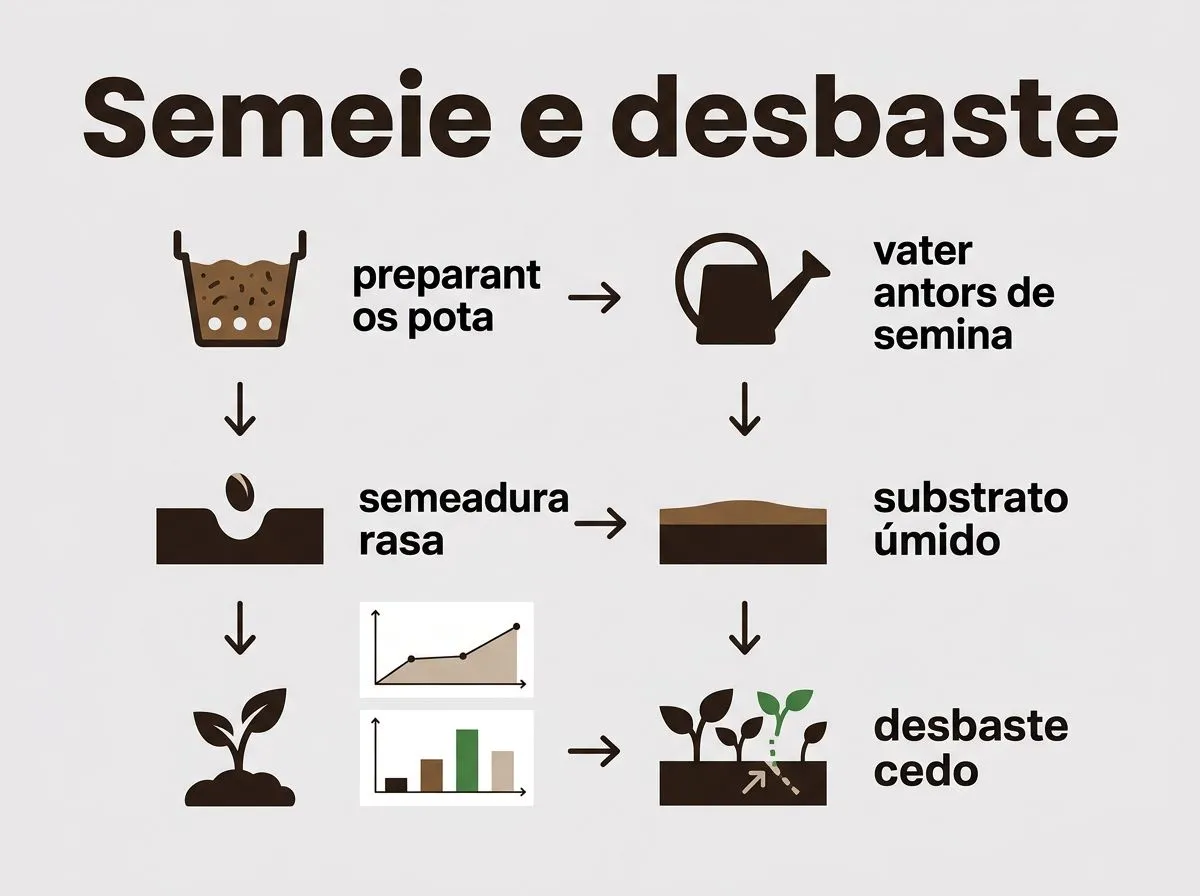 Ilustração passo a passo da semeadura rasa e do desbaste do espinafre em vaso.