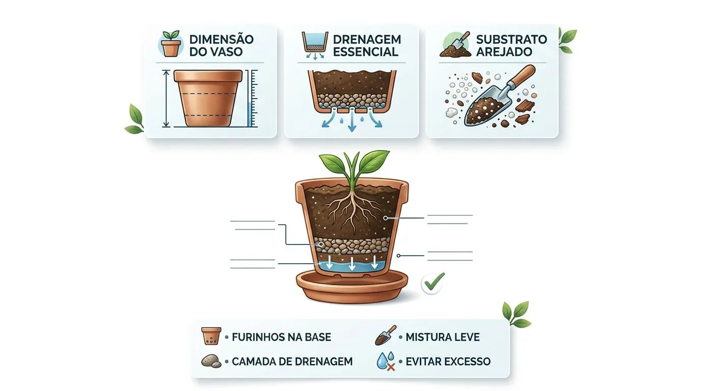 Infográfico com critérios de recipiente e substrato para plantar acelga em vaso, destacando profundidade, drenagem e prato sem água acumulada.