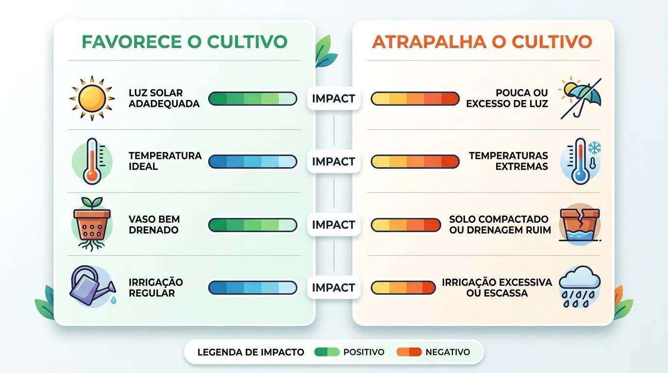 Comparativo visual do que favorece e do que atrapalha o cultivo de espinafre em vaso.
