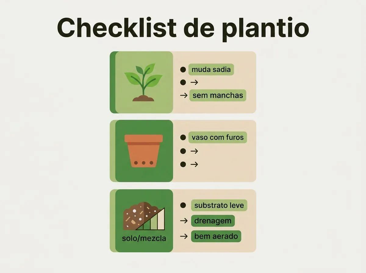 Infográfico com checklist para escolher muda sadia, vaso com furos e substrato leve e bem aerado para erva-cidreira em vaso